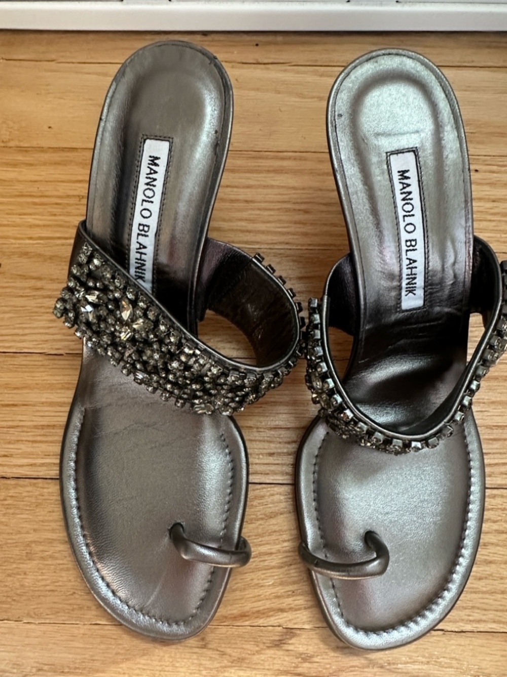 Manolo Blahnik Silver Crystal-Embellished Toe-Ring Mules